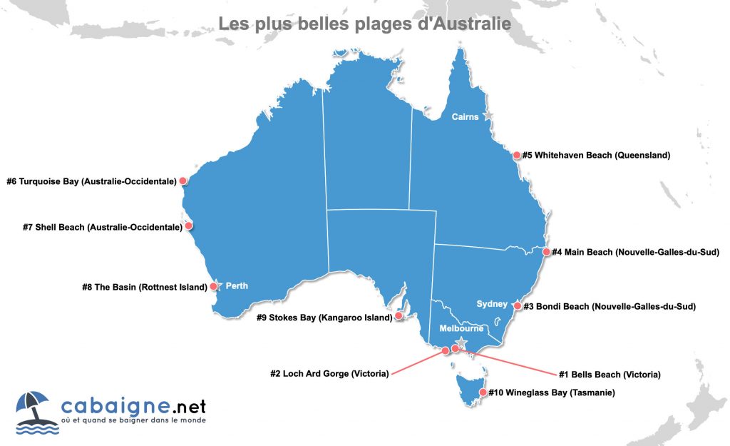 Carte des plus belles plages d'Australie à télécharger ou imprimer