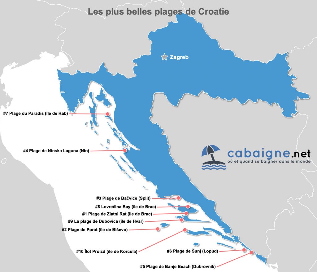 Carte des plus belles plages de Croatie