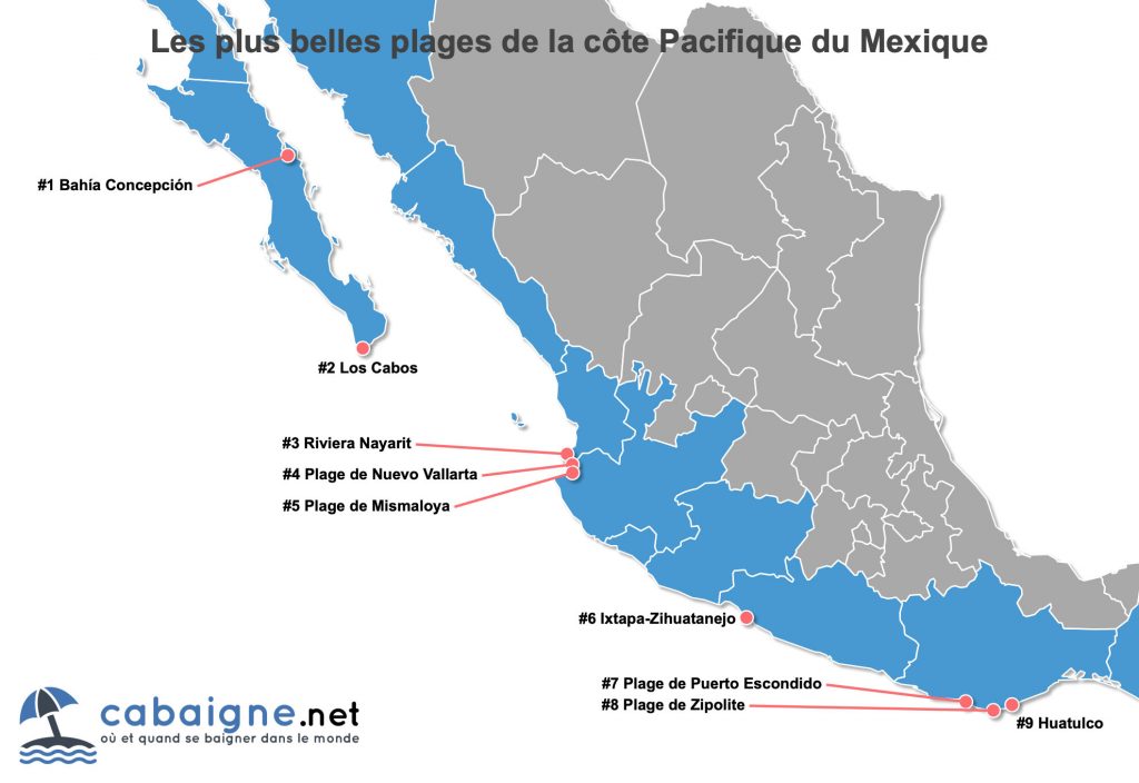 Carte des plus belles plages de la côte Pacifique du Mexique