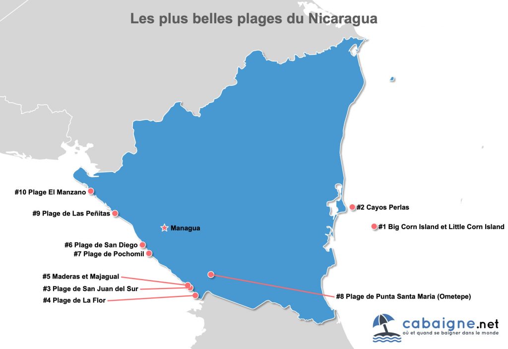 Carte des plus belles plages du Nicaragua 