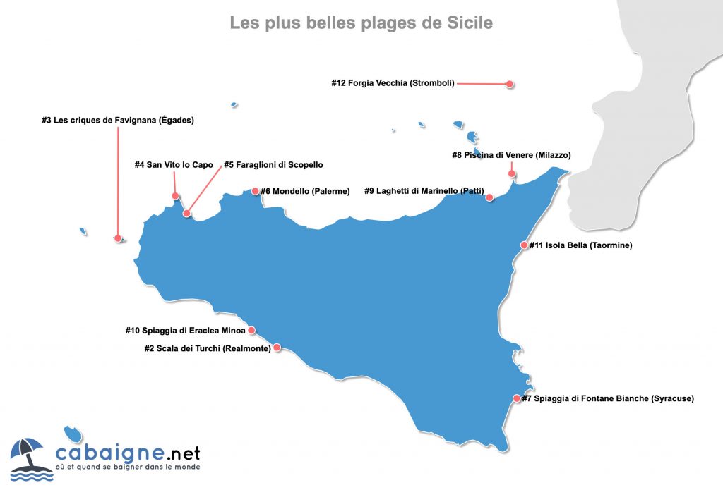 Carte des plus belles plages de Sicile (Italie) 